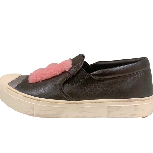 Fendi Black Leather Shearling Fur Slip On Sneakers Size 38.5 - Picture 4 of 6